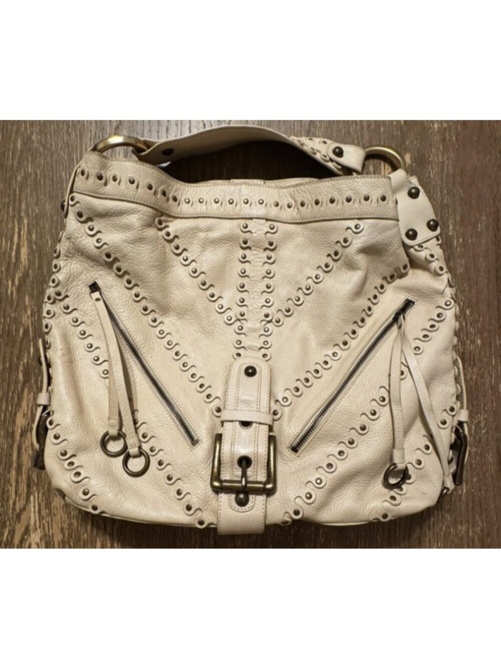 Vtg Besso Cream Italy Studded Leather Shoulder hobo Bag Y2K Western Boho Buckle - Picture 12 of 16